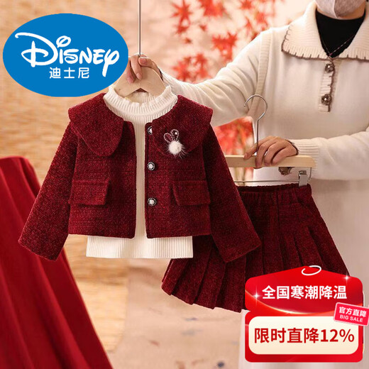Disney girls autumn and winter plus velvet red New Year's greetings dress small fragrance suit girl princess style one-year-old dress short skirt two-piece set red suit plus velvet 110 cm