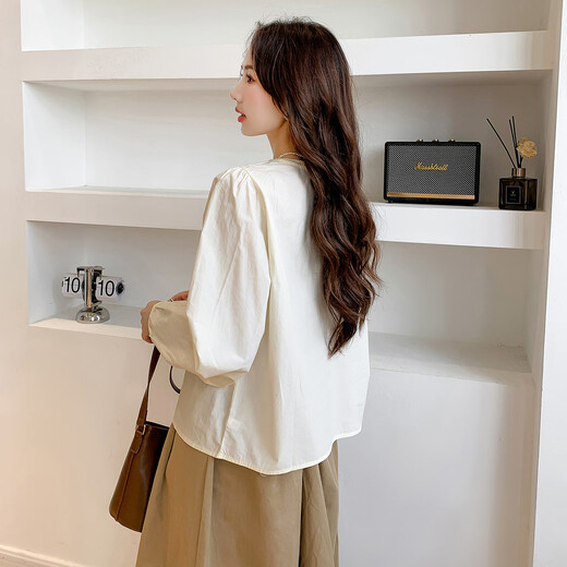 Ives (ITISF4) sweet temperament shirt spring design drawstring round neck versatile loose long-sleeved top apricot S