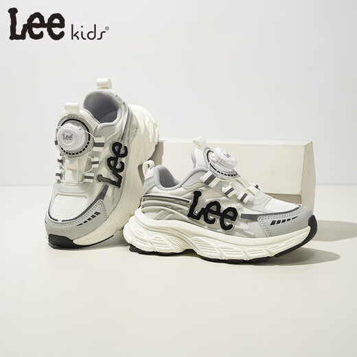 LEE KIDS2026 spring new children's sports shoes soft sole rotating button casual shoes mesh breathable running shoes dad shoes gray 26