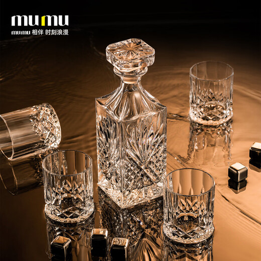 MUMU European light luxury whiskey glass, ice cracked wine bottle gift box set, wine set, household decanter, Yuandu Oxford wine bottle set, cup + 1 wine bottle + gift box 6 pcs