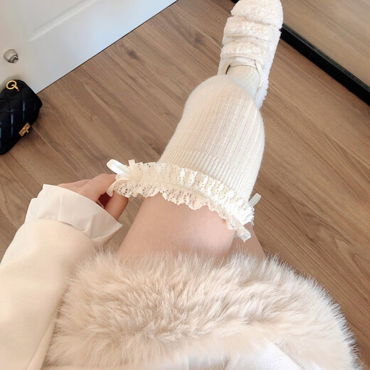 Perfect autumn and winter plus velvet milk white over-the-knee socks for women, warm high wool lace stockings, milky white wool lace high socks, one size fits all