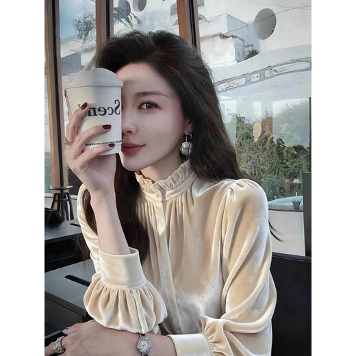 Off-white velvet top 2026 early spring high-end light luxury temperament unique and beautiful French petty bourgeoisie shirt off-white XL recommended 120-130Jin Jin equals 0.5 kg