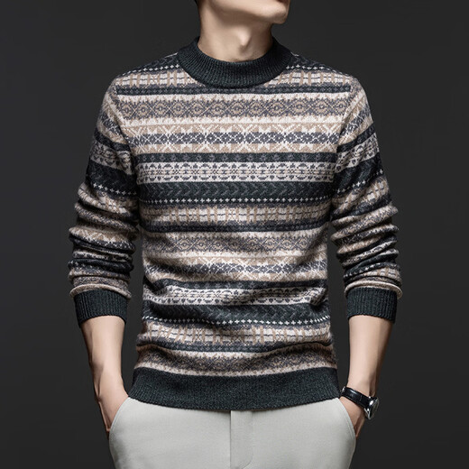 Wirpta high-end brand jacquard pure wool sweater for men spring and autumn new thickened warm sweater retro casual sweater fashion misty camel thickened (ready in stock) M 105