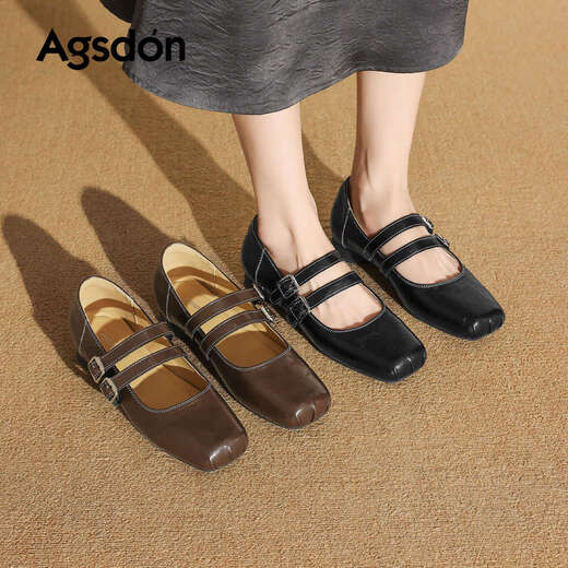 Augu Shiden Mary Jane shoes for women spring new style retro temperament versatile ballet style shallow low heel single shoes square toe pig nose women's shoes P561129 black 35