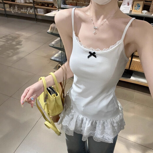 Pure lust style bow lace hem spliced summer camisole feminine slim fit inner top white S recommended 95Jin Jin equal to within 0.5kg