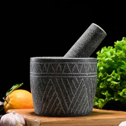 Garlic mortar old-fashioned bluestone hand-carved garlic mortar garlic pounder garlic masher household grinding bowl stone mortar bluestone hand-carved cylinder-shaped stone mortar large 15 cm