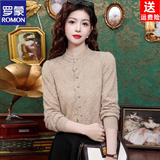 ROMON velvet thickened French lace shirt for women 2026 autumn and winter new style long-sleeved shirt bottoming shirt for women apricot regular style 2XL recommended 128-138Jin Jin equals 0.5 kg