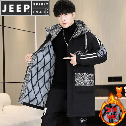 JEEP SPIRIT2025冬季新款加绒外套男中长款风衣帅气男装休闲棉衣派克服 88612S黑灰色【品质保证】 M 105斤以下