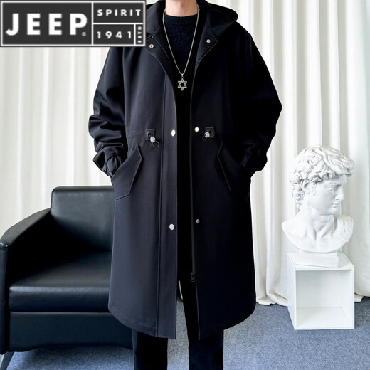 JEEP SPIRIT风衣外套男款士冬秋冬季加绒加厚羊羔毛绒棉衣棉服中长款派克大衣 黑色 常规 M 宽松版型