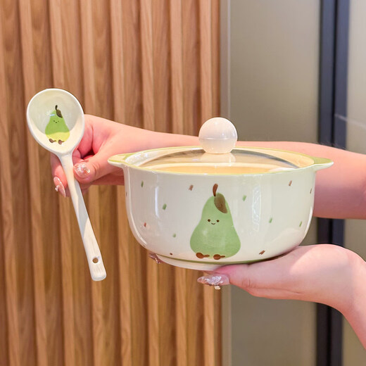 Shijanu new product ins high-looking Internet celebrity fruit croissant ceramic instant noodle bowl with lid double-ear soup bowl student dormitory 6.5-inch instant noodle bowl-brown croissant (without lid)