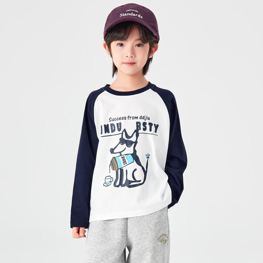 Duojia boys pure cotton long-sleeved 2026 spring and autumn American trendy children's clothing puppy print T-shirt children's breathable and skin-friendly tops