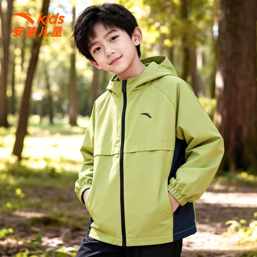 ANTA (ANTA) Children's Sports Jacket Boys 2026 Spring New Medium and Large Children Outdoor Windproof and Water-Repellent Hooded Top 6603-2 Cool Blue 150 cm