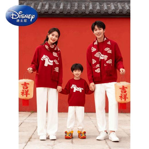 Disney (Disney) New Year's Parent-child Outfits 2026 New Trendy Family of Three or Four Year of the Horse Red New Year Clothes Festive New Year Thickened Sweater Fashion Red 100 Adult S Size (80-100Jin Jin is equal to 0.5 kg)