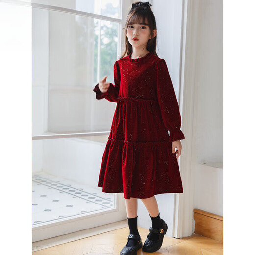 HAL.DUCK girls' dress, autumn and winter new style, shiny gold dress, children's velvet skirt, New Year's dress, girl's princess dress, red glitter gold velvet style, one-piece velvet lining 130