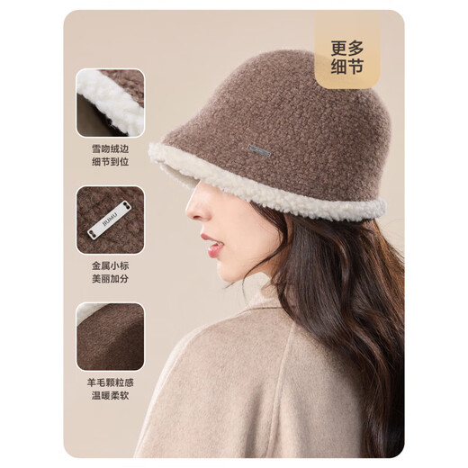 JIUMU wool hat for women in autumn and winter, versatile face-showing small ear protection, warm basin hat, knitted bucket fisherman hat for women, coffee color, one size fits all - 58cm