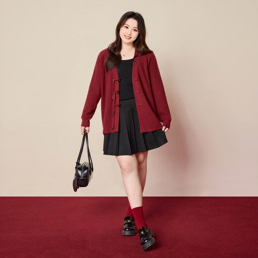 MsShe 18 Count Arctic Velvet Large Size Women's Clothing 2025 Winter New Chinese Style Plate Button V-neck New Year Sweater Jacket Persian Red Ready in Stock 3XL