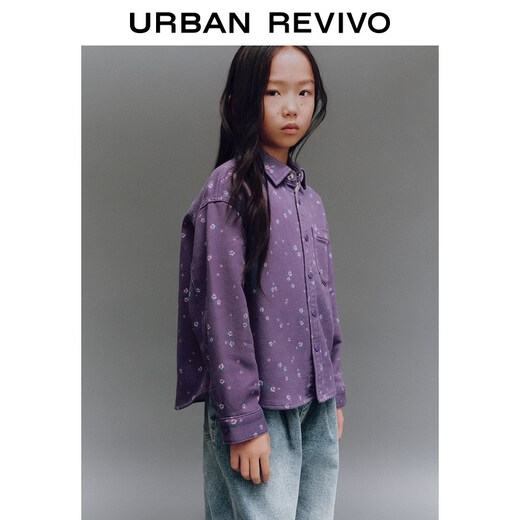 UR new winter children's clothing girls casual floral lapel patch pocket denim shirt UGH850006 purple print 140