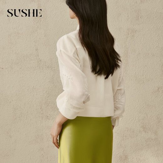 SUSHE Yingjing Bohemian heavy beaded embroidered cotton thin transparent holiday style drape loose shirt Ye Yubai S