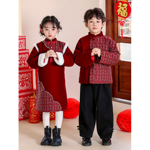Disney New Year's greetings suit for boys, Tang suit, new Chinese style winter children's Chinese New Year, female cheongsam, kindergarten, New Year's Day children's performance clothing, new Chinese style long-sleeved cotton jacket + woolen pants 100 cm loose fit, don't be too big