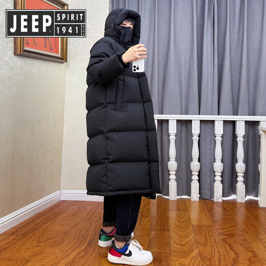 JEEP SPIRIT Jeep's new 95 down down jacket men's extended and thickened knee-length hooded women's winter clothing loose cold-resistant couple outer black XL