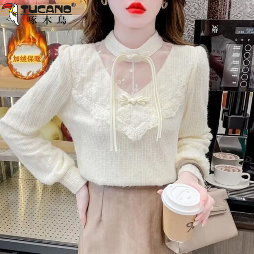 Woodpecker (TUCANO) velvet Chinese style thickened national style button-up shirt fashionable lace bottoming autumn and winter 2026 new top commuting white XL