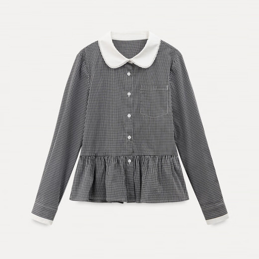 EGGKA doll collar ruffle design black plaid shirt women's French sweet top E25A60427YL black plaid S