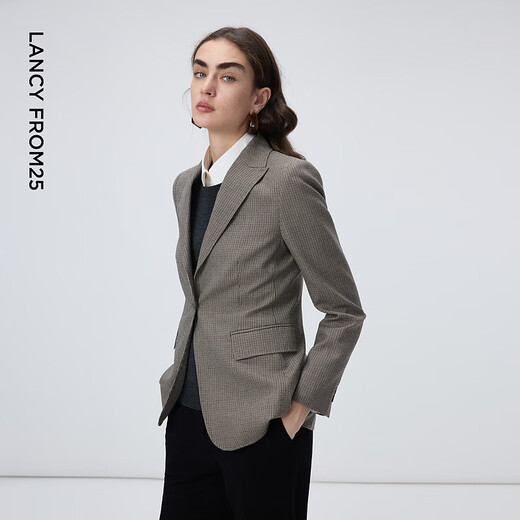 Langzi pure wool French retro plaid gray slim fit suit jacket temperament suit design sense winter new style smoke gray S