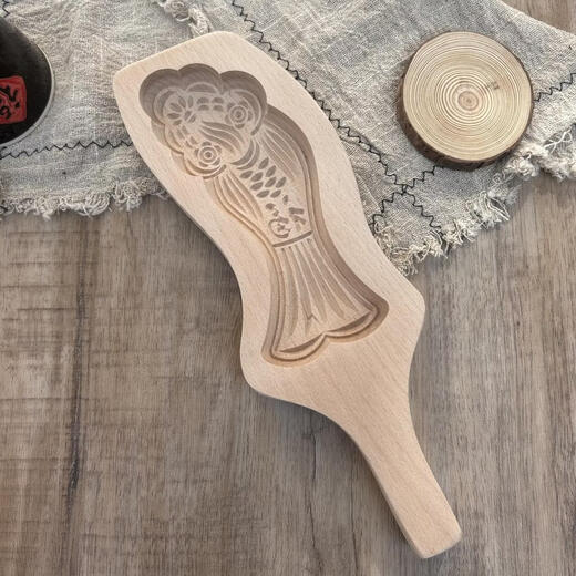 Huan Huan large steamed fish steamed buns solid wood mold for Chinese New Year making flower buns, longevity peach card flower cakes wooden tools, medium longevity peach 9 cm