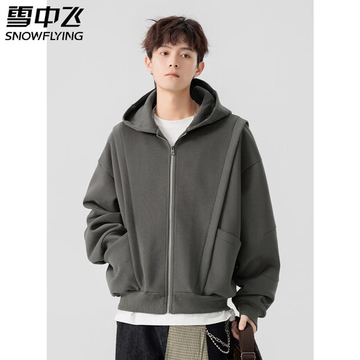 Snow Flying (SNOWFLYING) green cardigan sweatshirt for men spring and autumn 2026 new American trendy brand loose couple style heavy hooded jacket black L suitable for 110~130Jin Jin equals 0.5 kg
