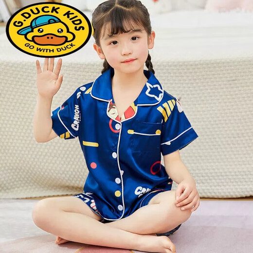 G.duck夏季短袖儿童睡衣冰丝薄款夏天男童真丝小女孩宝宝卡通家居服套装 681女童 170 18码建议身高142-150cm