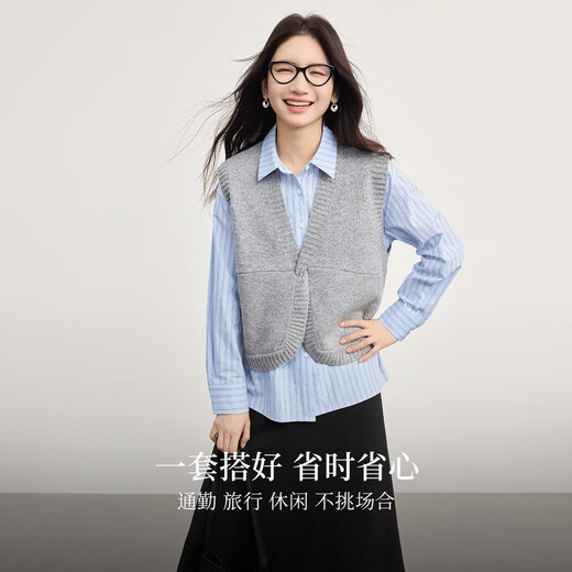 Sllsky Elegant and Decent Three-piece Set 2026 Spring Knitted Vest Striped Shirt Skirt Set Elegant Gray Vest L