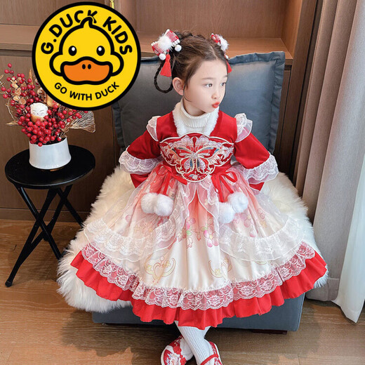 G.duck brand children's clothing Hanfu girls' velvet dress thickened and warm children's winter clothing red princess dress New Year's clothing picture color 110 cm