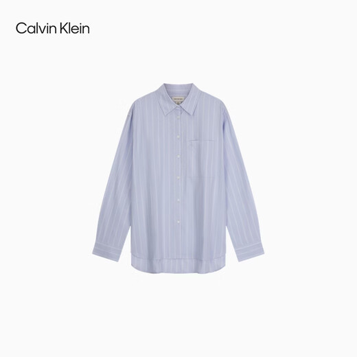 Calvin KleinJeans26 new spring and summer women's casual simple ck embroidered cotton poplin loose striped long-sleeved shirt 3T4-blue background with white stripes S