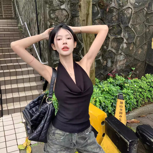 Hot girl sexy swing collar halter top for women summer slim design black sleeveless backless top for outer wear black one size