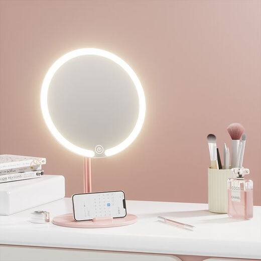 LED makeup mirror with light desktop women's fill light mirror dormitory desktop eyebrow pencil storage bucket home extra large dressing mirror white-three-color fill light alloy rotating stand mobile phone holder battery life standby 0 days - no LED light with high-definition alloy mirror