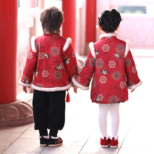 Su, Han and Tang children's New Year's greetings clothes for boys and girls, Hanfu, New Year's Day performance clothes, winter thickened New Year clothes, tops + pants 130
