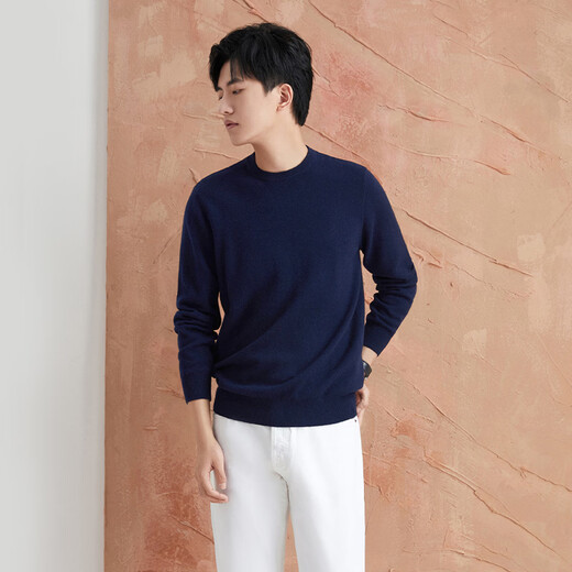 Deer King All Cashmere Cashmere Sweater Men's Cashmere Knit Sweater Round Neck Casual Bottoming Pullover Versatile Style Sapphire Blue L 175/92A