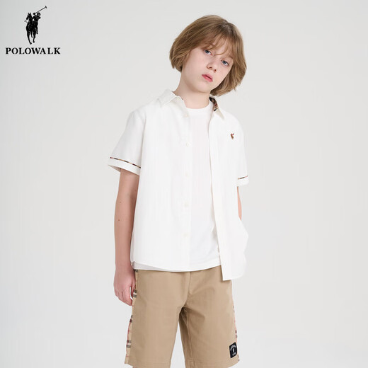 POLOWALK children's summer shirt boys' short-sleeved top shirt comfortable and fashionable white 110 cm