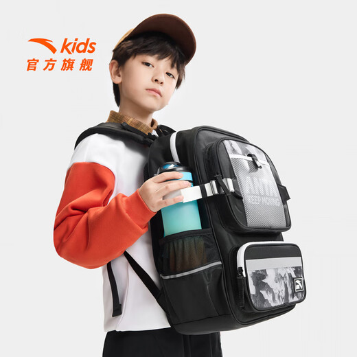 ANTA Children's Backpack + Attached Bag 2026 Spring New Large Capacity Waterproof and Burden-Reducing Primary School Bag Black/Full Print-3 One Size