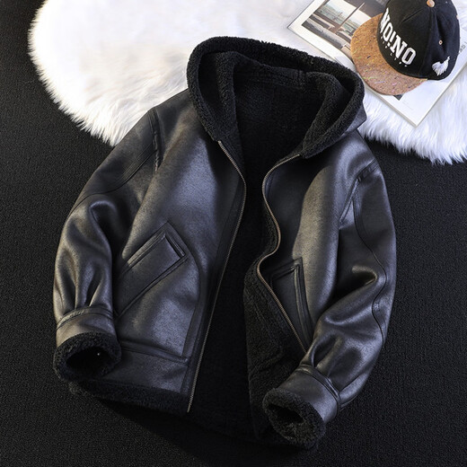 GENIUS international first-line brand fur integrated men's winter hooded velvet thickened leather jacket short motorcycle jacket leather jacket for men black M 90-115Jin Jin is equal to 0.5 kg