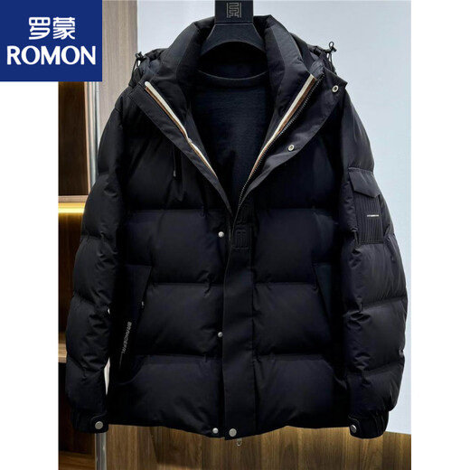 罗蒙（ROMON）高端羽绒服男2025冬季新款时尚轻奢帅气休闲加厚连帽保暖短外套潮 黑色 XL 180 145--155斤