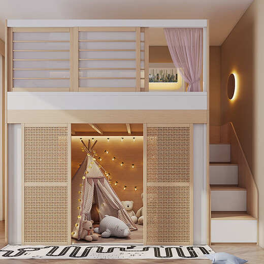 Zheju bunk bed privacy secret base children's bed with partition door double bed and bunk bed without disturbing each other secret base bed + ladder (rattan door) 1.35*2 meters (upper and lower same width)