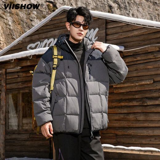Viishow hooded down jacket men's 2025 new winter retro contrast color couple wear white duck down winter jacket polar black S