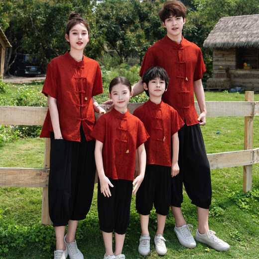 Fangtou loves each other, family portrait clothes, Republic of China style parent-child clothing, summer family portrait, Hanfu T-shirt trend 1 red single top 90 children (16-23Jin Jin is equal to 0.5 kg)