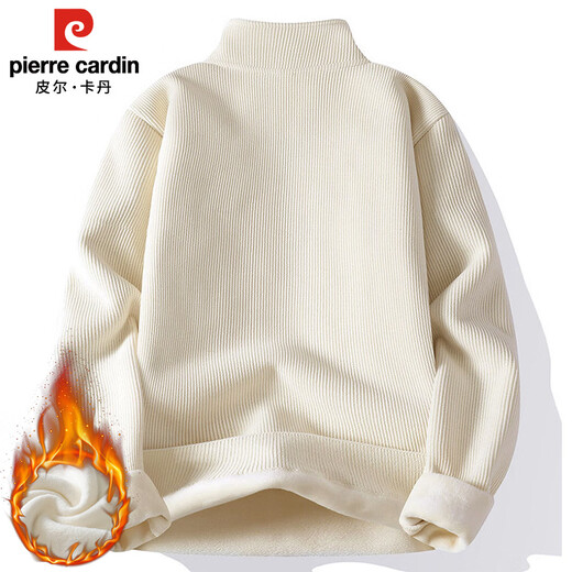 Pierre Cardin half-zip sweatshirt for men in autumn and winter loose half turtleneck long-sleeved T-shirt for men with fleece warm base layer off-white XL