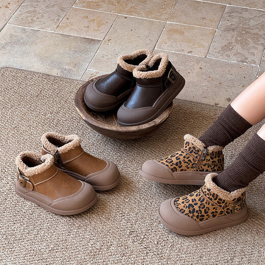 ABJA children's plush cotton shoes 2025 winter style warm short boots for boys and girls, plush collar, non-slip soft sole, stain-resistant cotton boots, chestnut brown 26