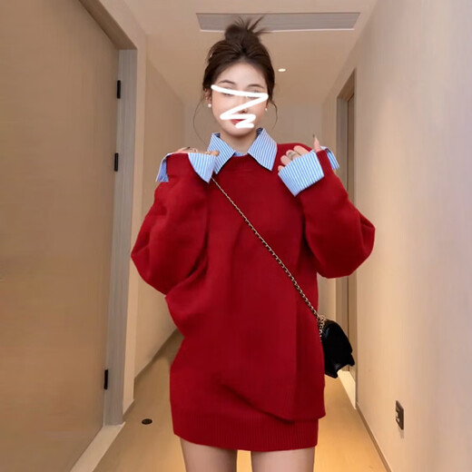 Fat Donglai's same style annual party dress for women, high-end red knitted sweater suit, skirt, autumn and winter 2026 purchasing agent, red suit + shirt, three-piece set, popular this year/a complete set ootd S 40/45kg, rich family's gold-rich outfit