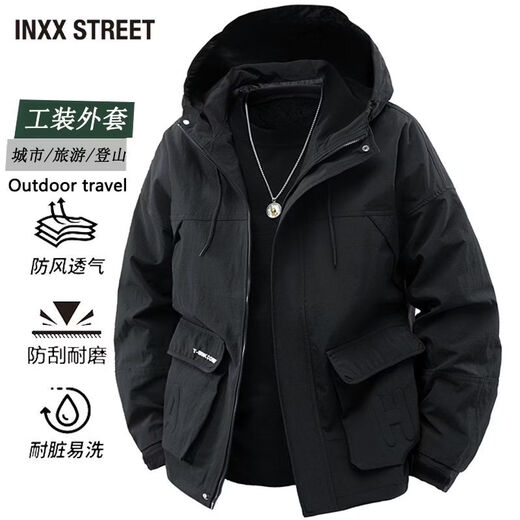 英克斯（inxx）INXX STREET美式连帽工装夹克男士春秋季新款时尚百搭简约外套 黑色 M 建议90-110斤