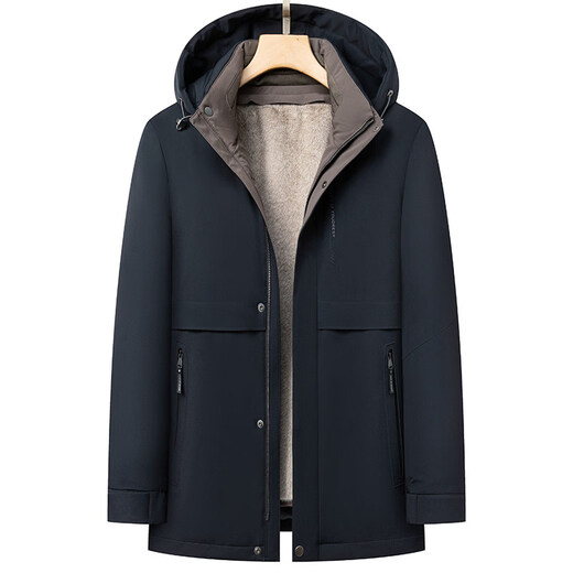 KBXNG Jinba super thick down jacket men's medium and long style winter new hooded casual parka rabbit velvet lining fur windbreaker outer navy blue 2XL 185