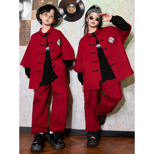 Fu Shiyuan drum set costumes for boys, national trend hiphop street dance children's clothing, 2025 new cool trendy cool girl suit, black letter long sleeves + burgundy buckle jacket + red trousers 120 cm
